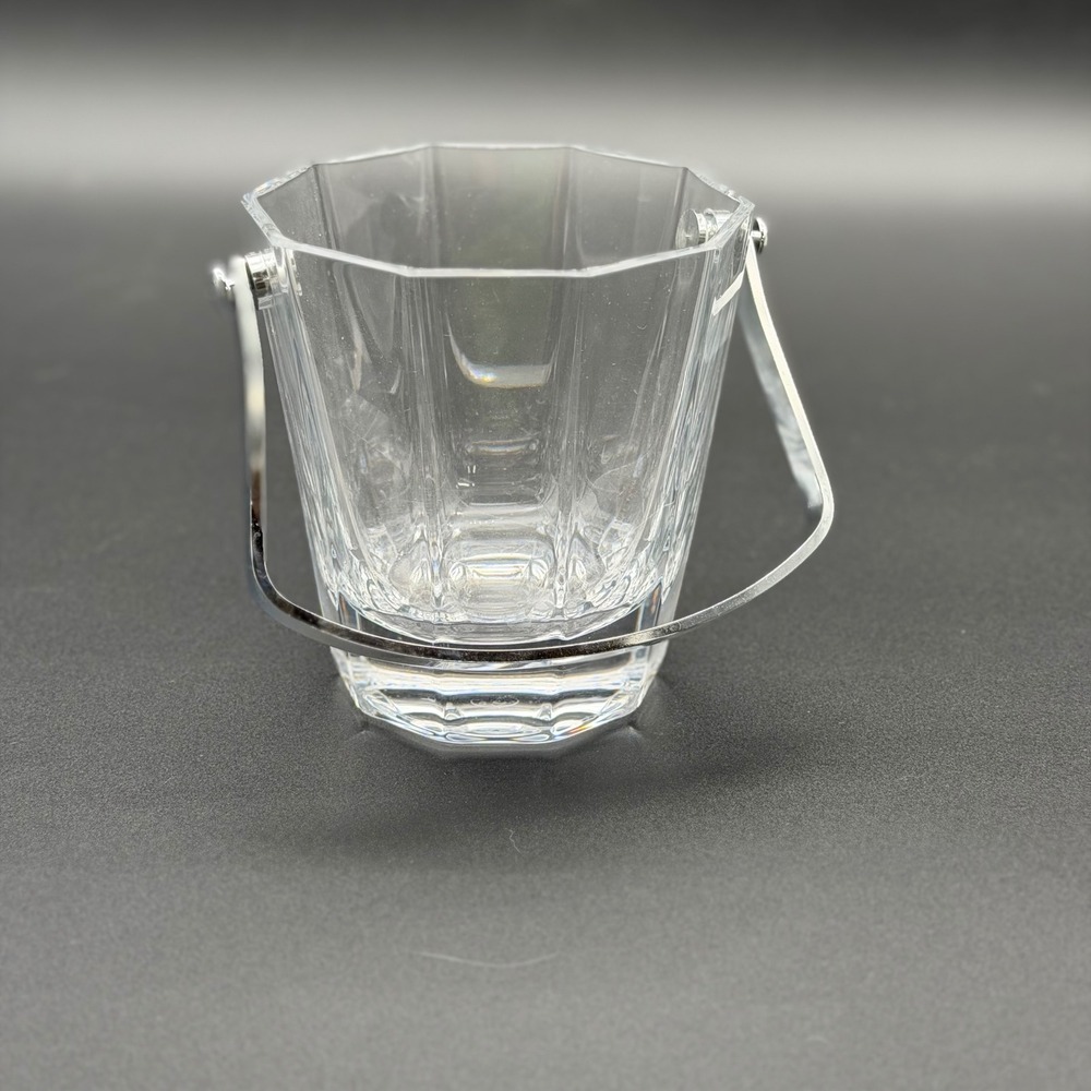 Vintage Crystal Glass Ice Bucket with Silver Swing Handle Panel Cut‎ Barware